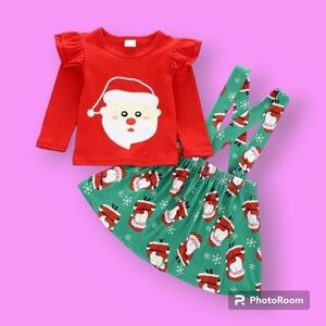 Christmas Baby Girl Red & Green Printed Santa Top & Skirt Size 18 - 24 Months
